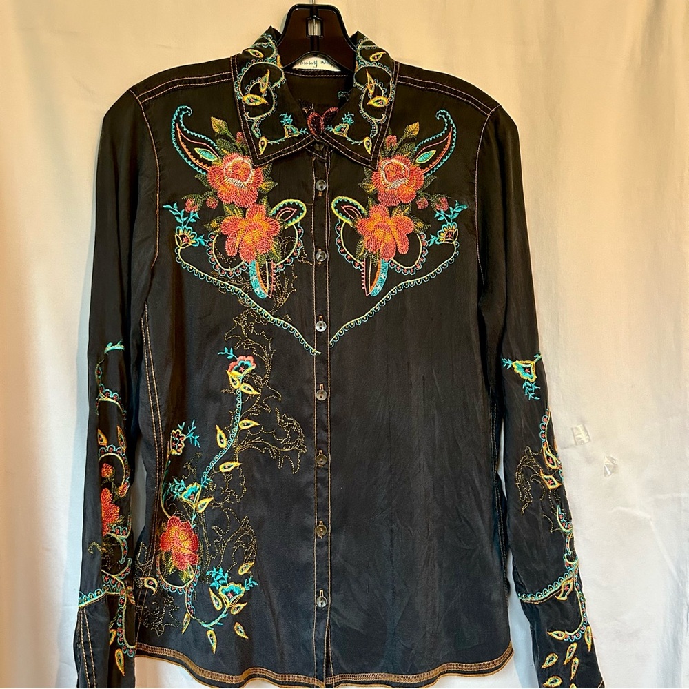 Johnny Was Black Embroidered Floral Western Shirt with Turquoise & Coral Accents